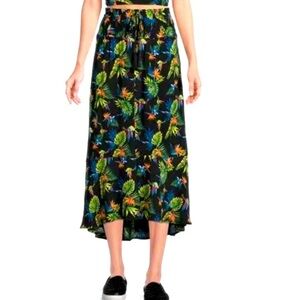 No Boundaries Floral Tropical Fauna Midi Skirt Front Slit Ruffle Elastic Waist
